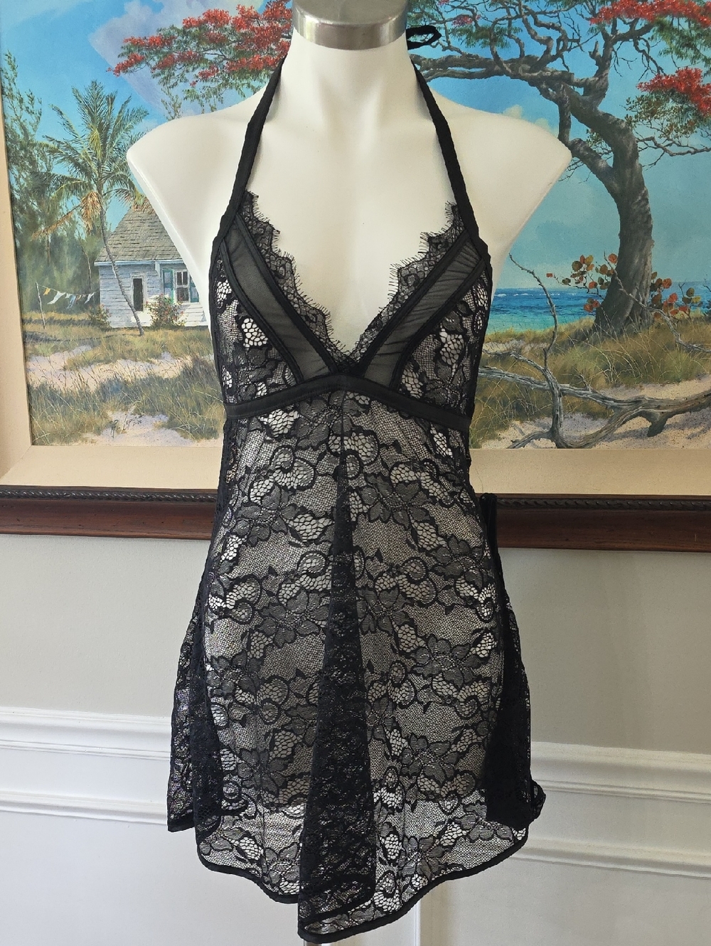 VENUS Black Lace Halter Chemise with Underwere Has Sheer Floral Panels